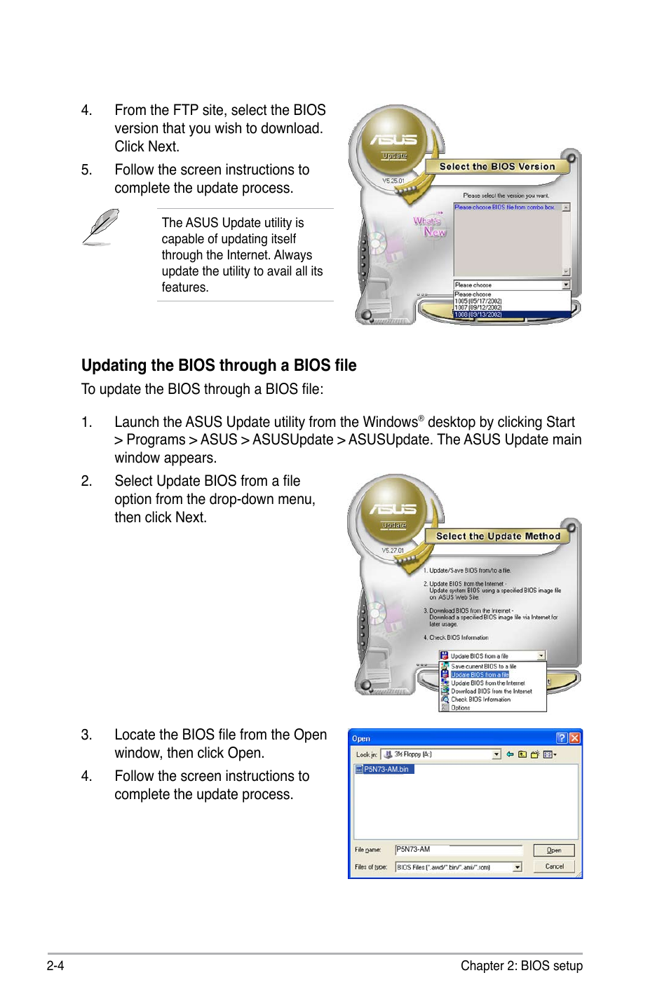 Updating the bios through a bios file | Asus P5N73-AM User Manual | Page 50 / 98