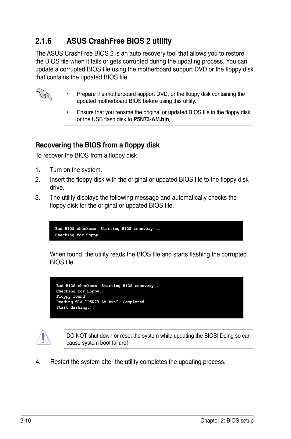 6 asus crashfree bios 2 utility, Recovering the bios from a floppy disk | Asus P5N73-AM User Manual | Page 56 / 98