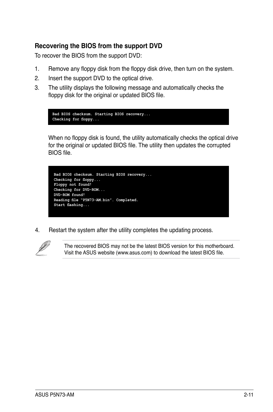 Recovering the bios from the support dvd | Asus P5N73-AM User Manual | Page 57 / 98