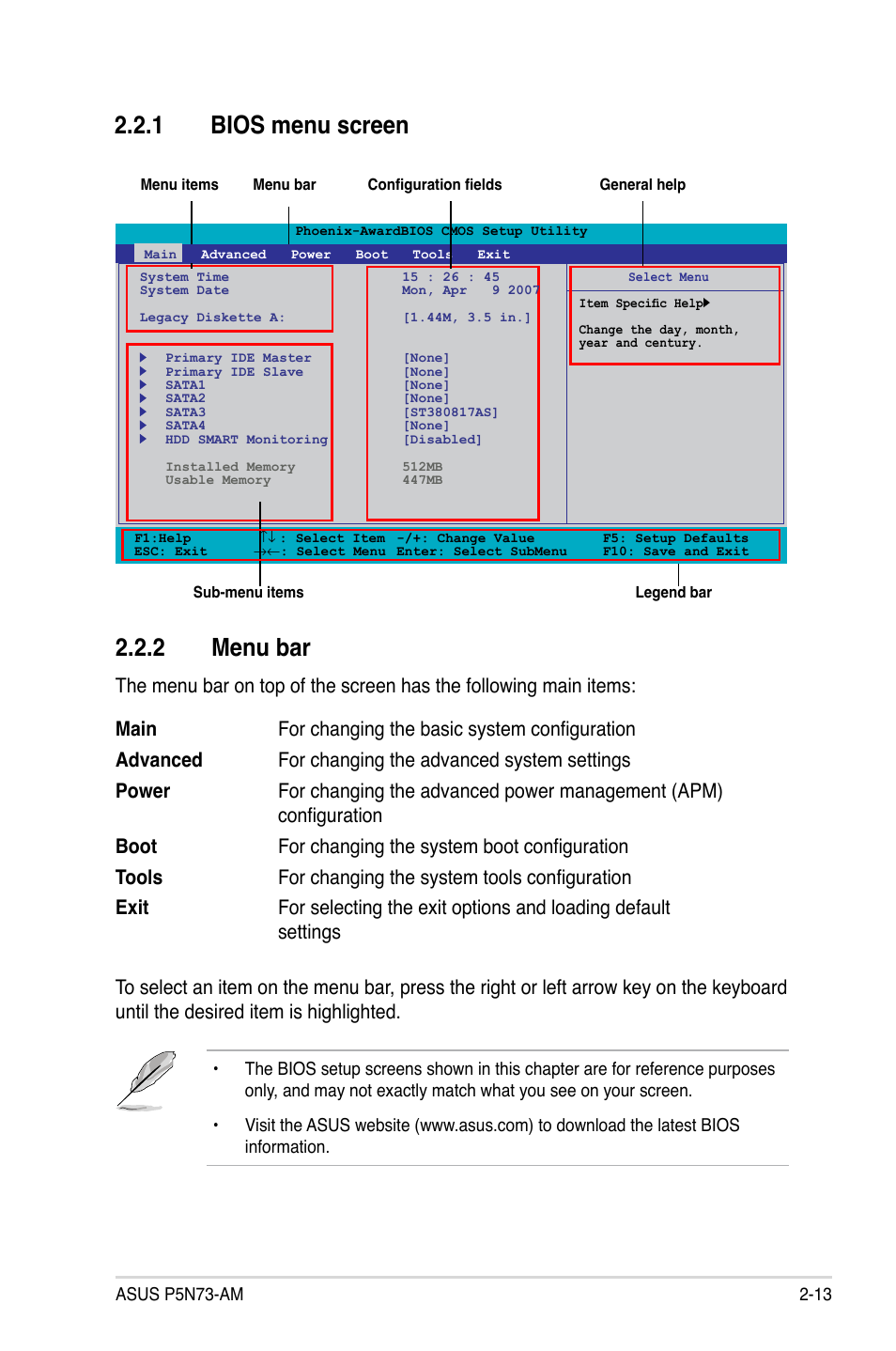 1 bios menu screen, 2 menu bar, 1 bios menu screen 2.2.2 menu bar | Asus P5N73-AM User Manual | Page 59 / 98