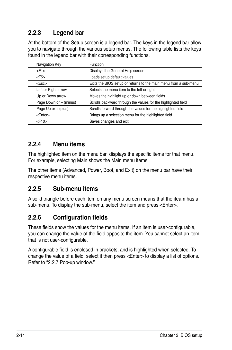 3 legend bar, 4 menu items, 5 sub-menu items | 6 configuration fields | Asus P5N73-AM User Manual | Page 60 / 98