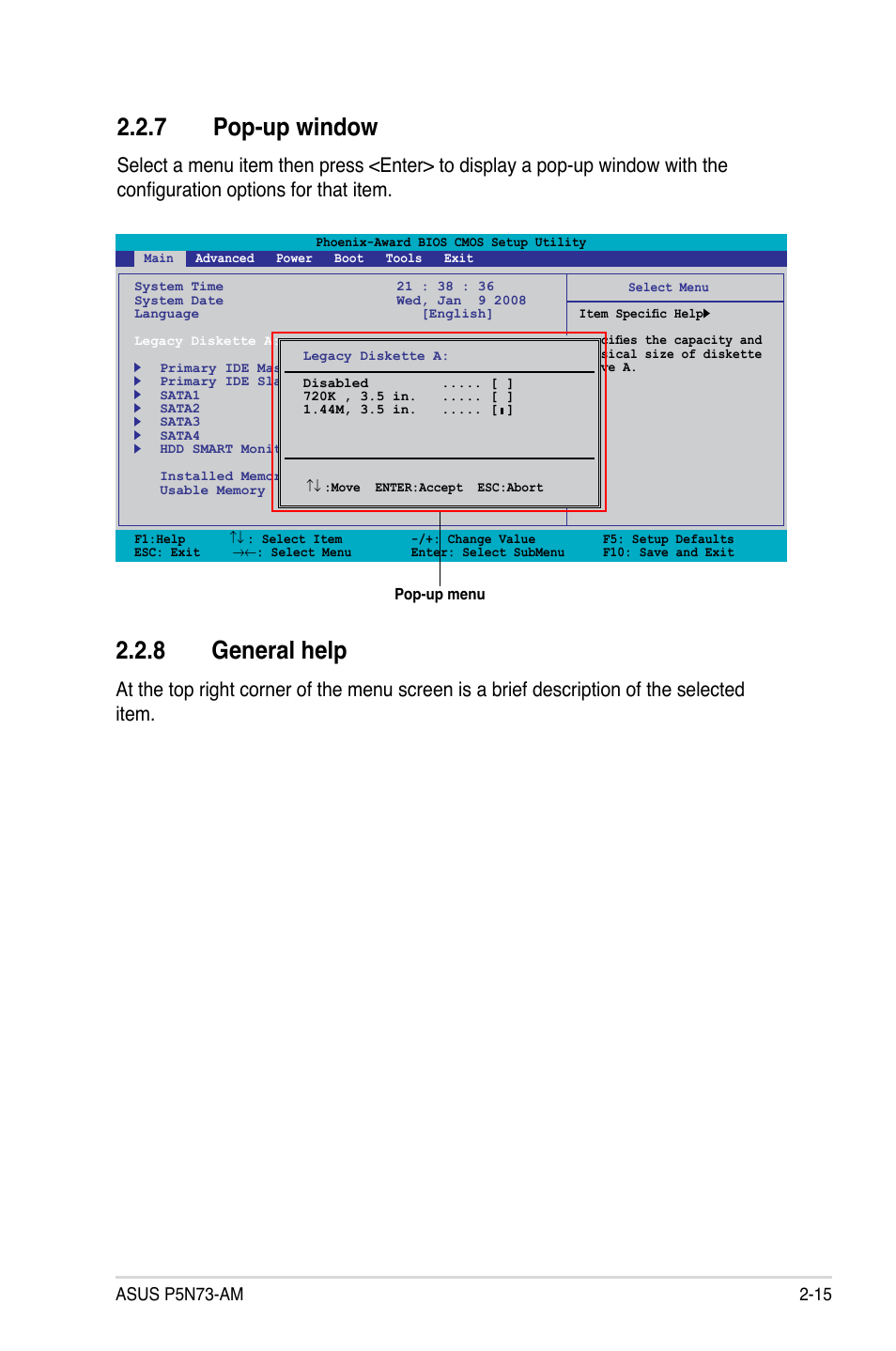 7 pop-up window, 8 general help | Asus P5N73-AM User Manual | Page 61 / 98