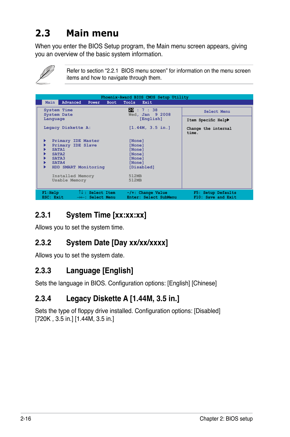 3 main menu, 1 system time [xx:xx:xx, 2 system date [day xx/xx/xxxx | 3 language [english, 4 legacy diskette a [1.44m, 3.5 in, Allows you to set the system time, Allows you to set the system date | Asus P5N73-AM User Manual | Page 62 / 98