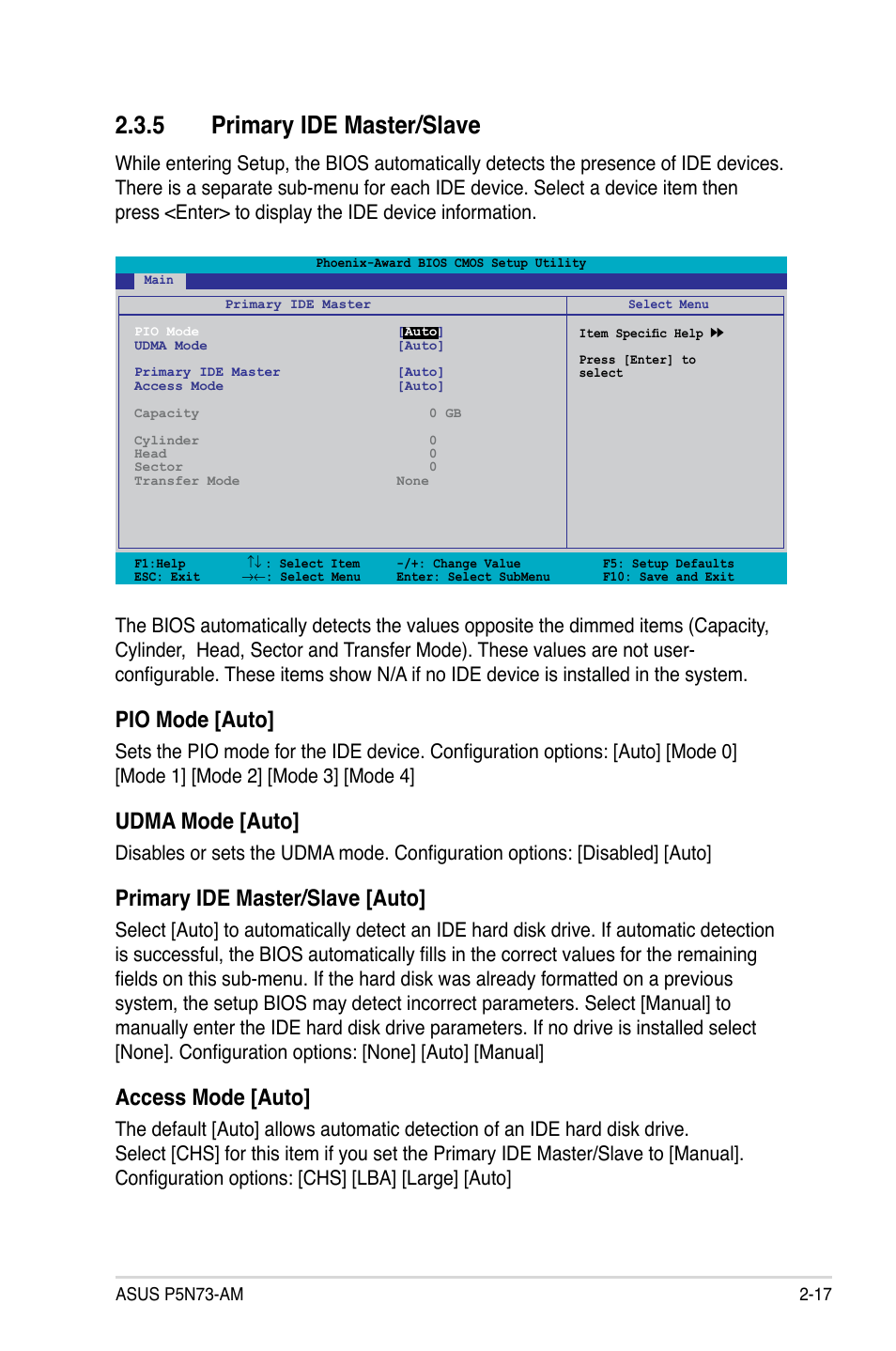 5 primary ide master/slave, Pio mode [auto, Udma mode [auto | Primary ide master/slave [auto, Access mode [auto | Asus P5N73-AM User Manual | Page 63 / 98