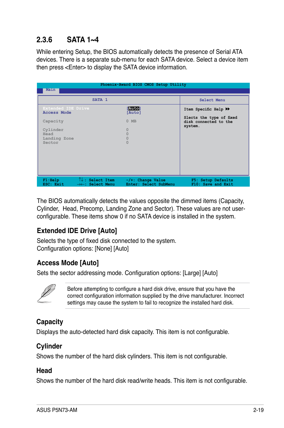 6 sata 1~4, Extended ide drive [auto, Access mode [auto | Capacity, Cylinder, Head | Asus P5N73-AM User Manual | Page 65 / 98