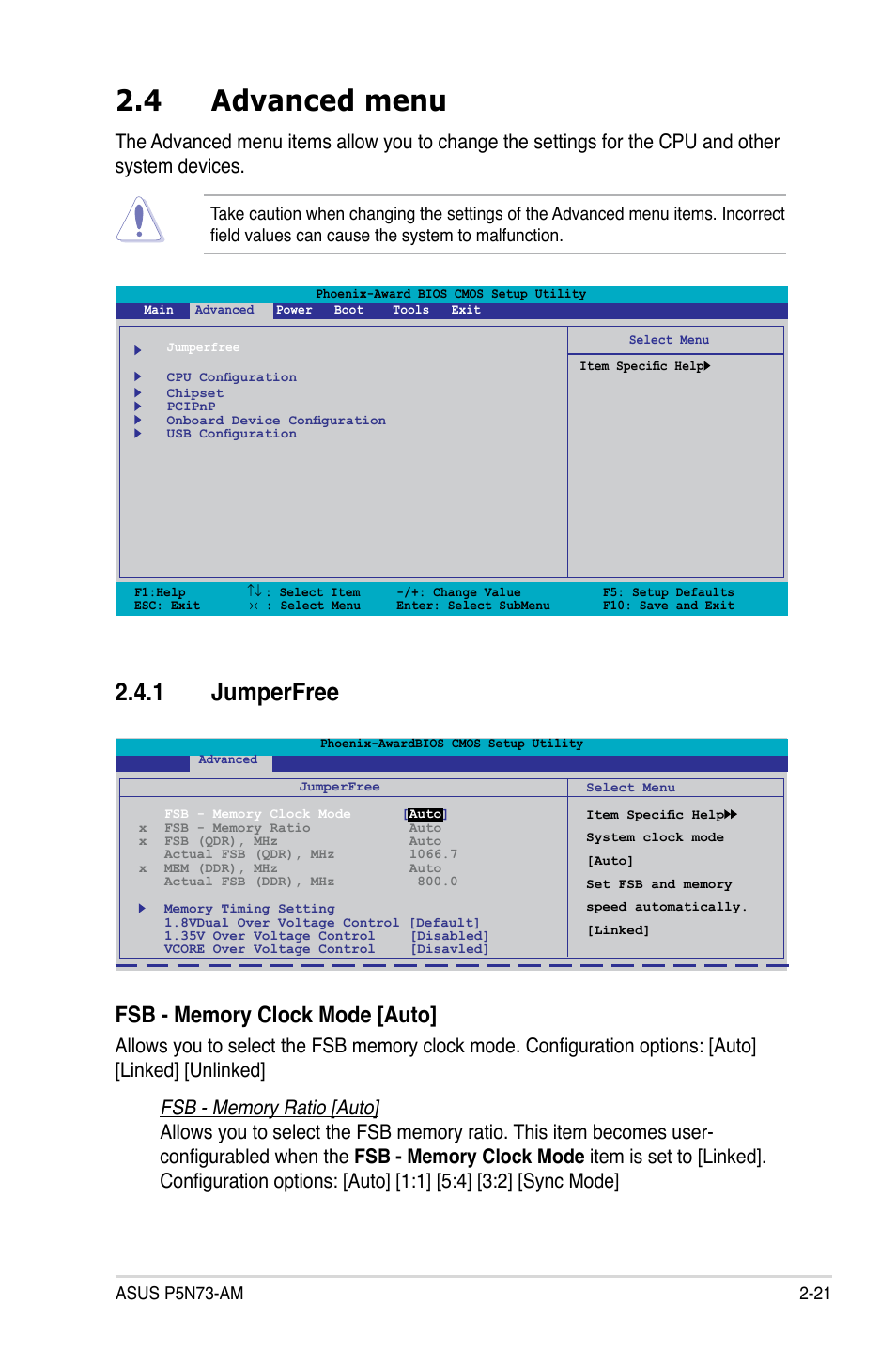 4 advanced menu, 1 jumperfree | Asus P5N73-AM User Manual | Page 67 / 98