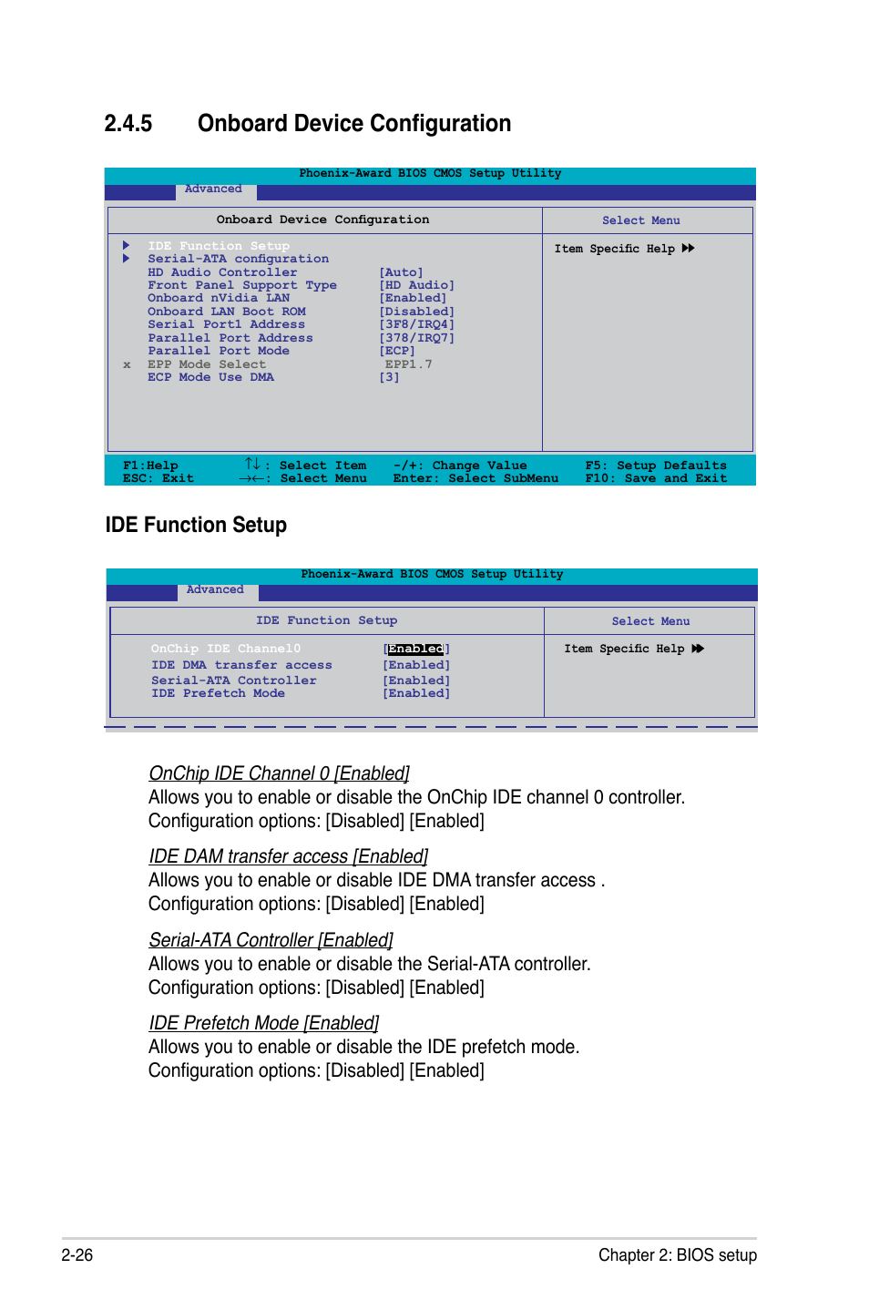 5 onboard device configuration, Ide function setup, 26 chapter 2: bios setup | Asus P5N73-AM User Manual | Page 72 / 98