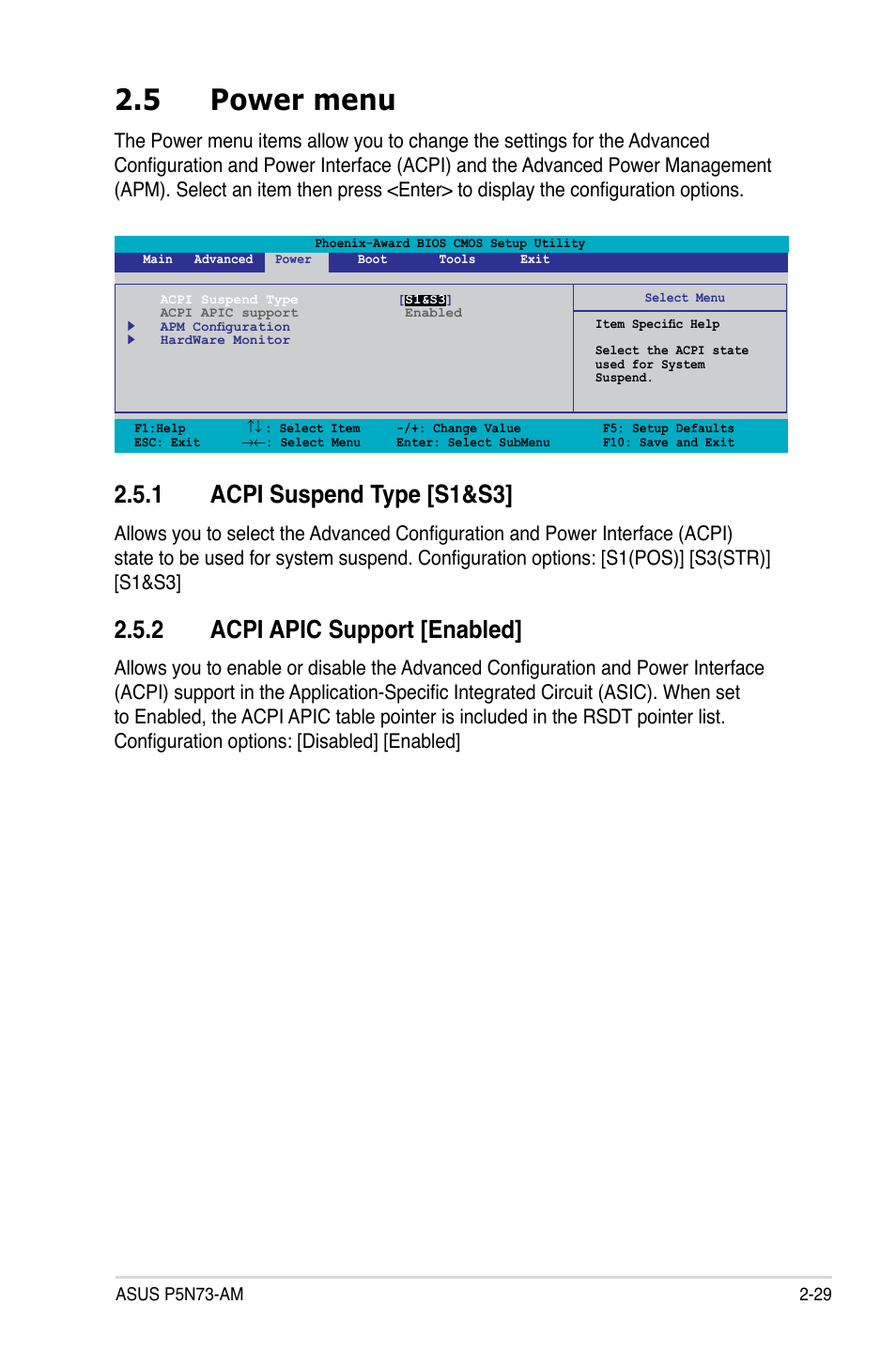 5 power menu, 1 acpi suspend type [s1&s3, 2 acpi apic support [enabled | Asus P5N73-AM User Manual | Page 75 / 98