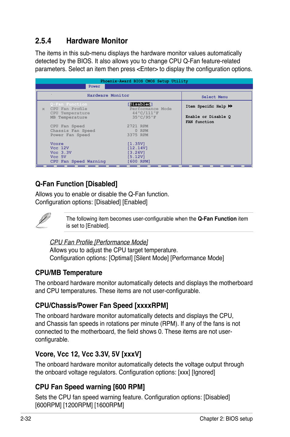 4 hardware monitor, Cpu/mb temperature, Cpu fan speed warning [600 rpm | Q-fan function [disabled | Asus P5N73-AM User Manual | Page 78 / 98