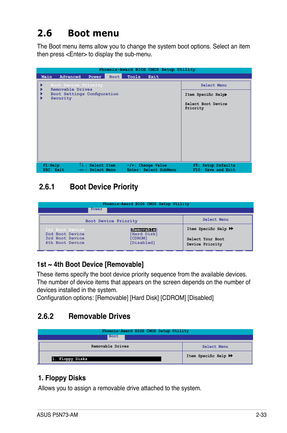 6 boot menu, 1 boot device priority, 2 removable drives | 1st ~ 4th boot device [removable, Floppy disks | Asus P5N73-AM User Manual | Page 79 / 98