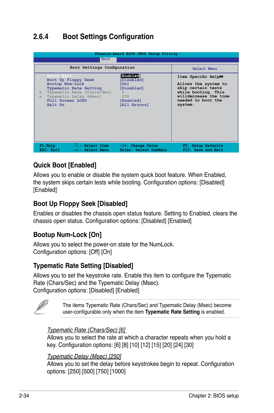 4 boot settings configuration, Quick boot [enabled, Boot up floppy seek [disabled | Bootup num-lock [on, Typematic rate setting [disabled | Asus P5N73-AM User Manual | Page 80 / 98