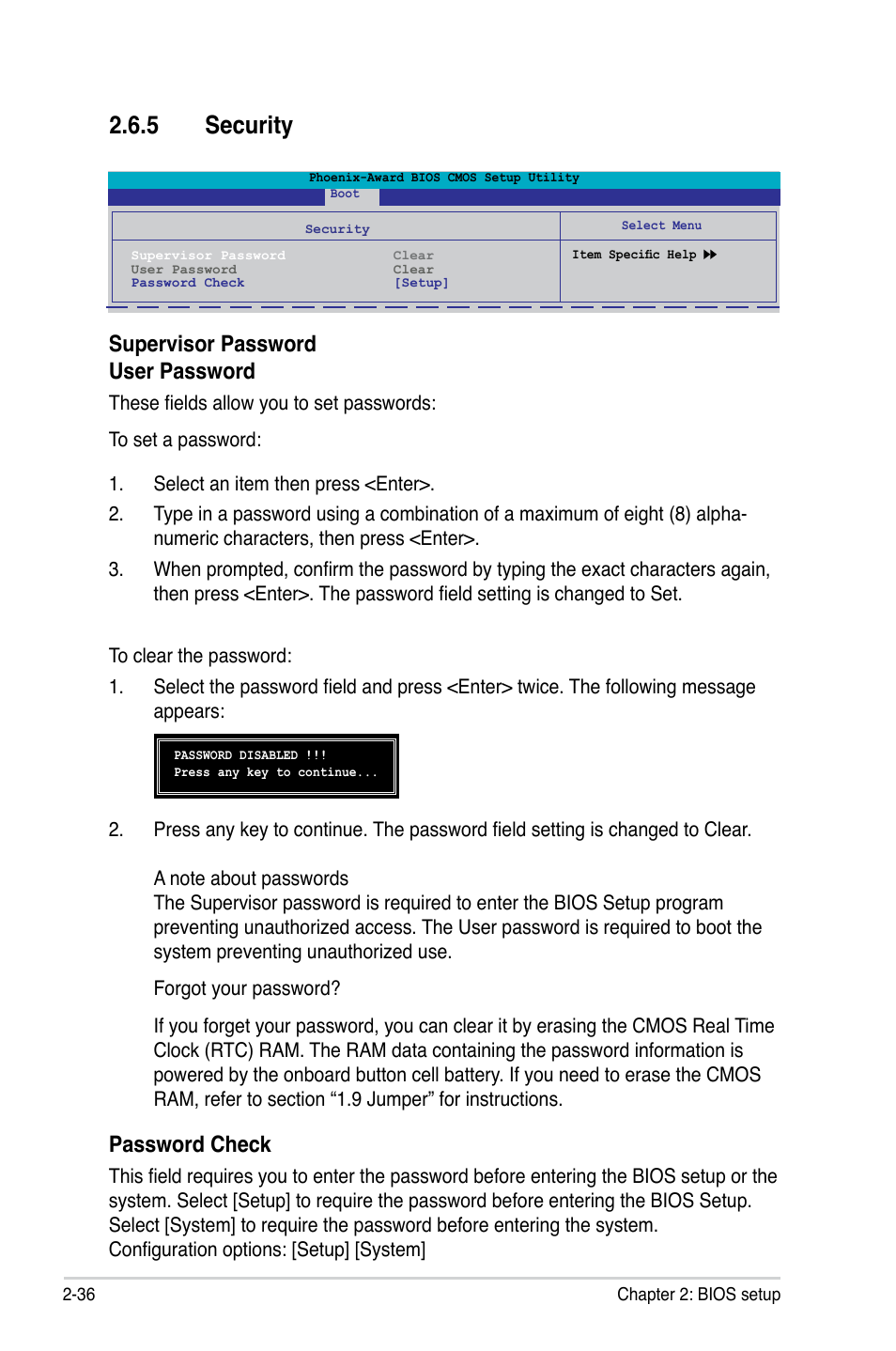 5 security, Password check, Supervisor password user password | Asus P5N73-AM User Manual | Page 82 / 98