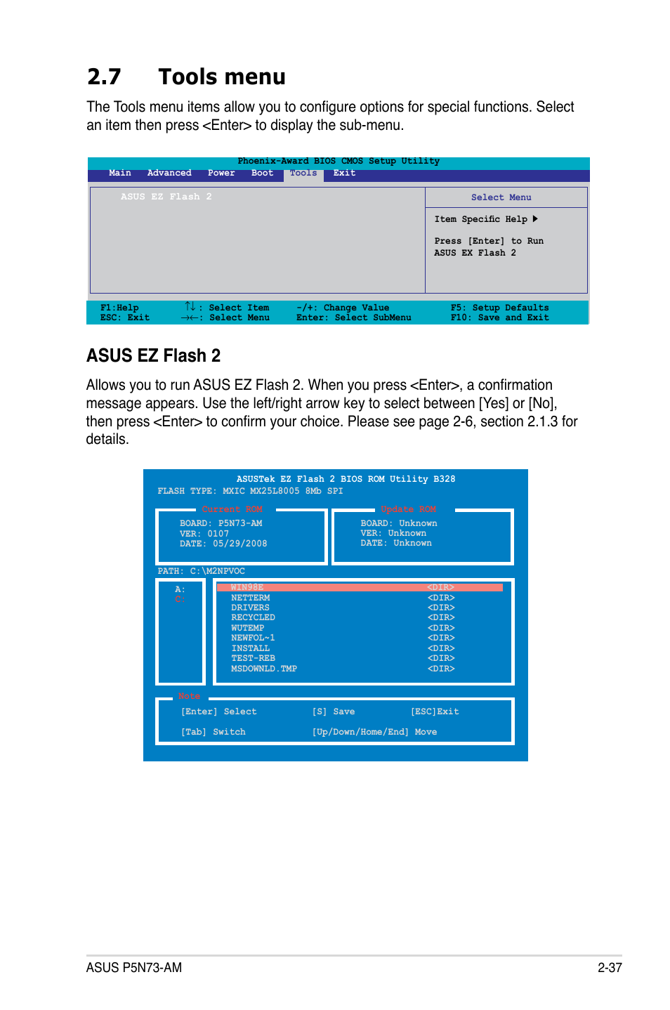 7 tools menu, Asus ez flash 2 | Asus P5N73-AM User Manual | Page 83 / 98