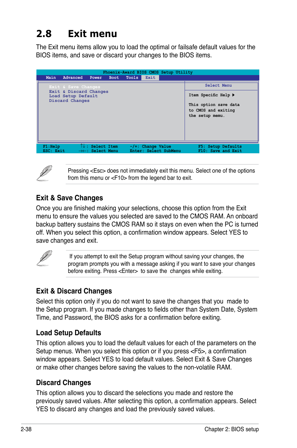 8 exit menu, Exit & save changes, Exit & discard changes | Load setup defaults, Discard changes | Asus P5N73-AM User Manual | Page 84 / 98