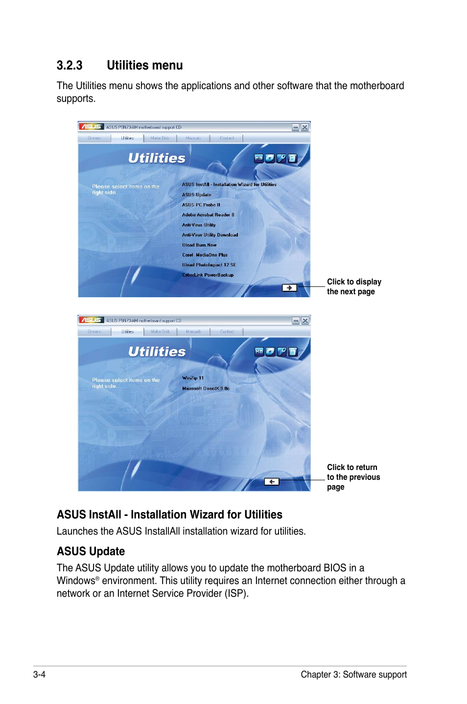 3 utilities menu, Asus install - installation wizard for utilities, Asus update | Asus P5N73-AM User Manual | Page 88 / 98