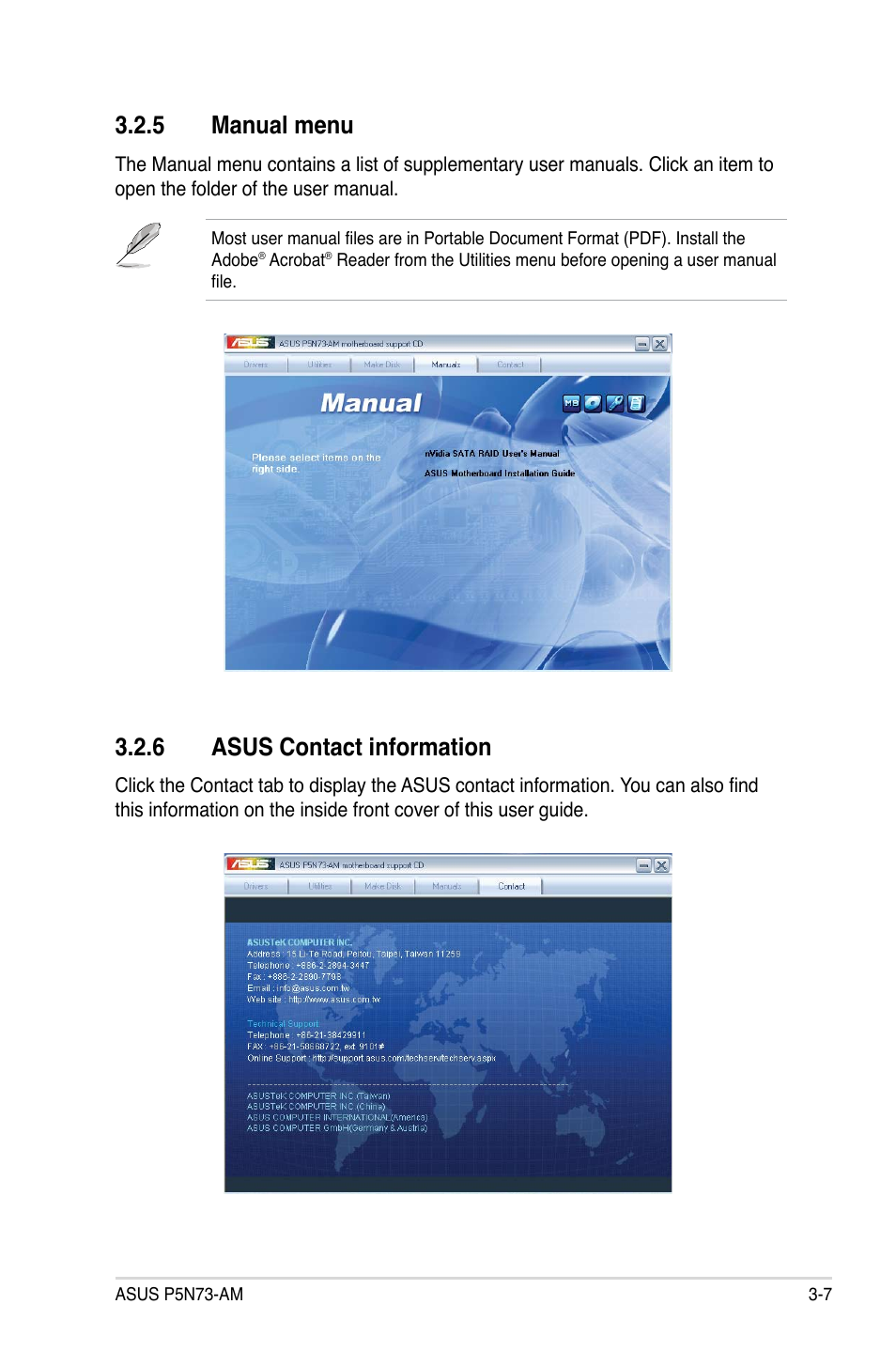 5 manual menu, 6 asus contact information | Asus P5N73-AM User Manual | Page 91 / 98