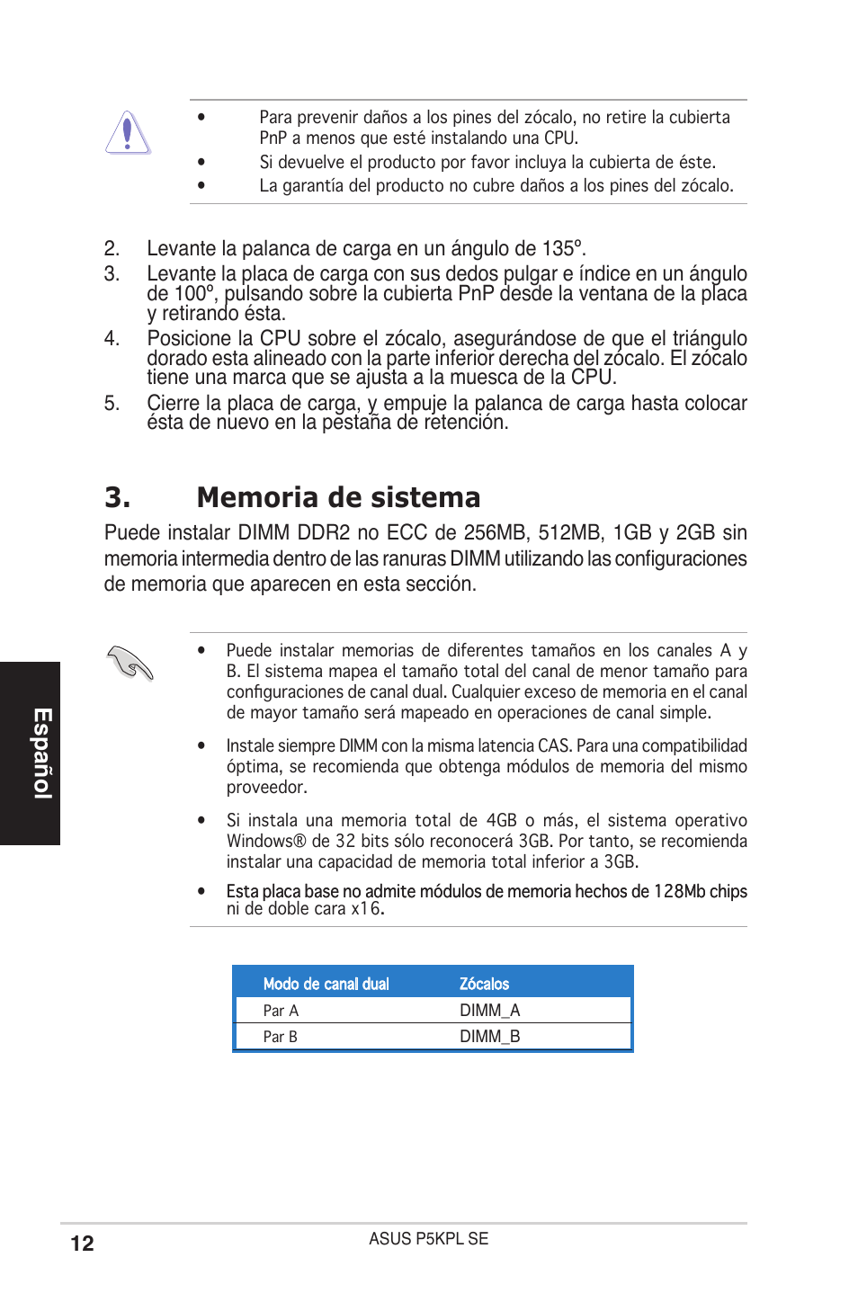 Español | Asus P5KPL SE User Manual | Page 12 / 38