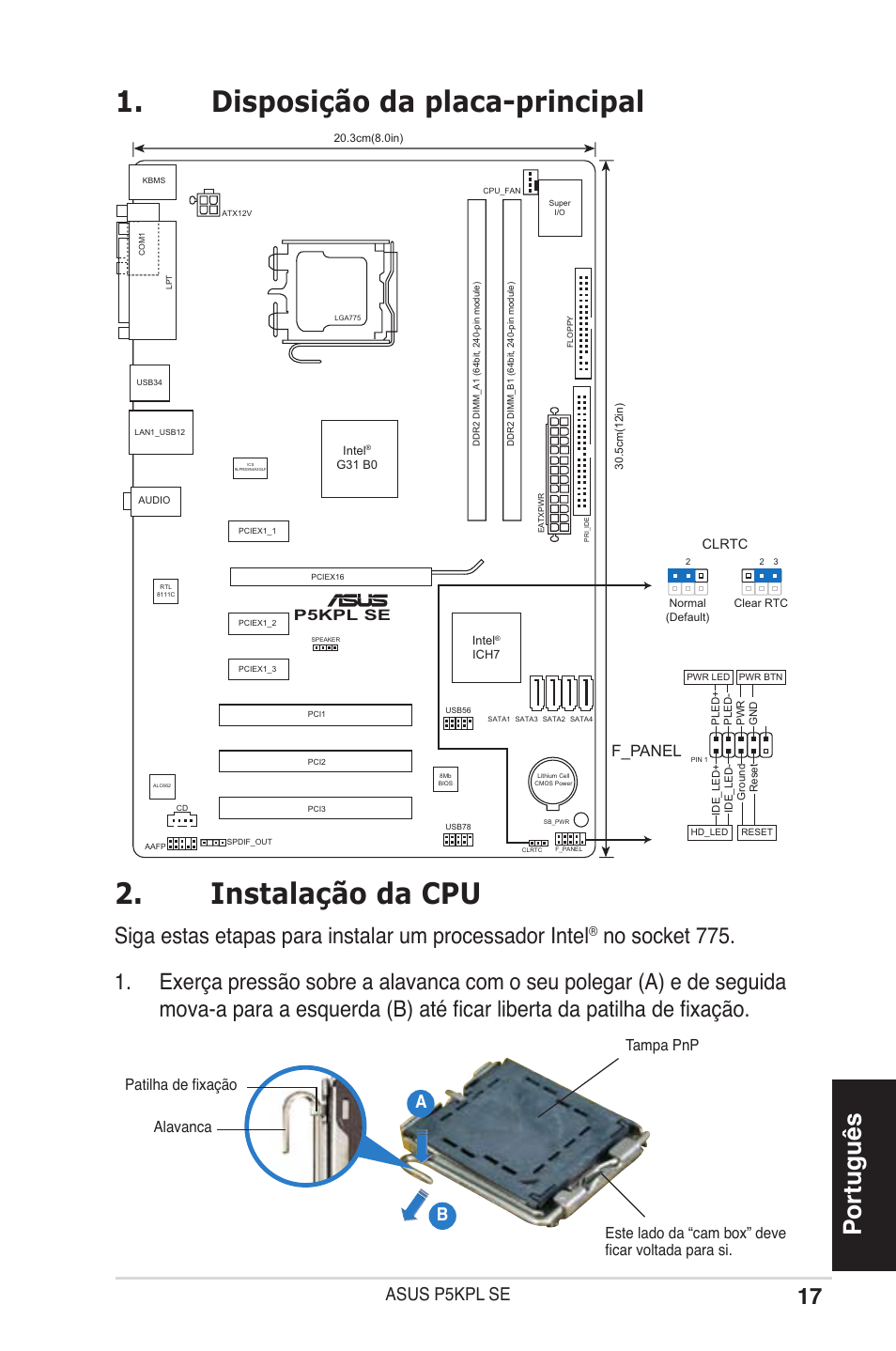 Instalação da cpu, Disposição da placa-principal, Português | Asus p5kpl se, Ab b, F_panel | Asus P5KPL SE User Manual | Page 17 / 38