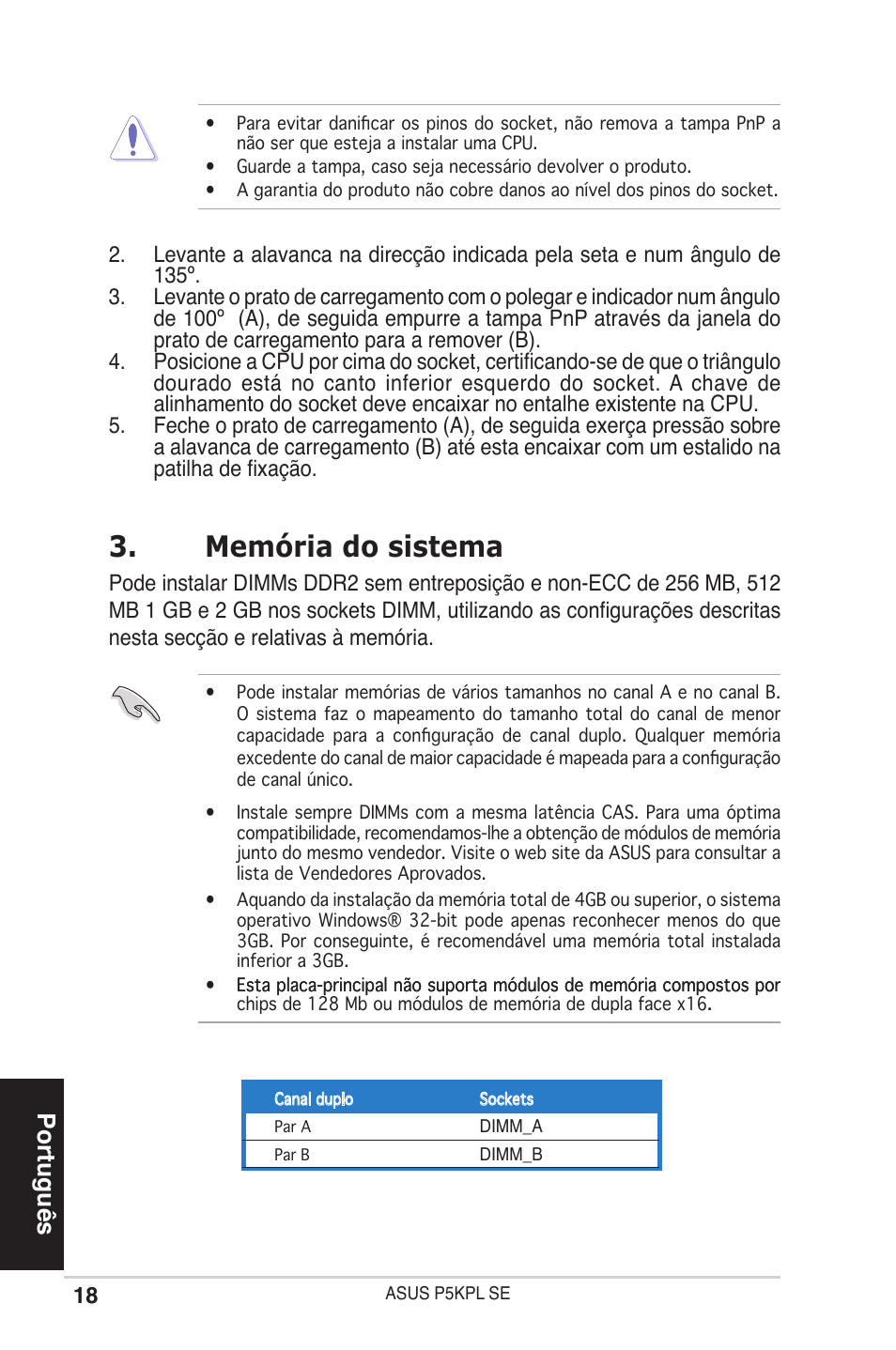 Memória do sistema, Português | Asus P5KPL SE User Manual | Page 18 / 38