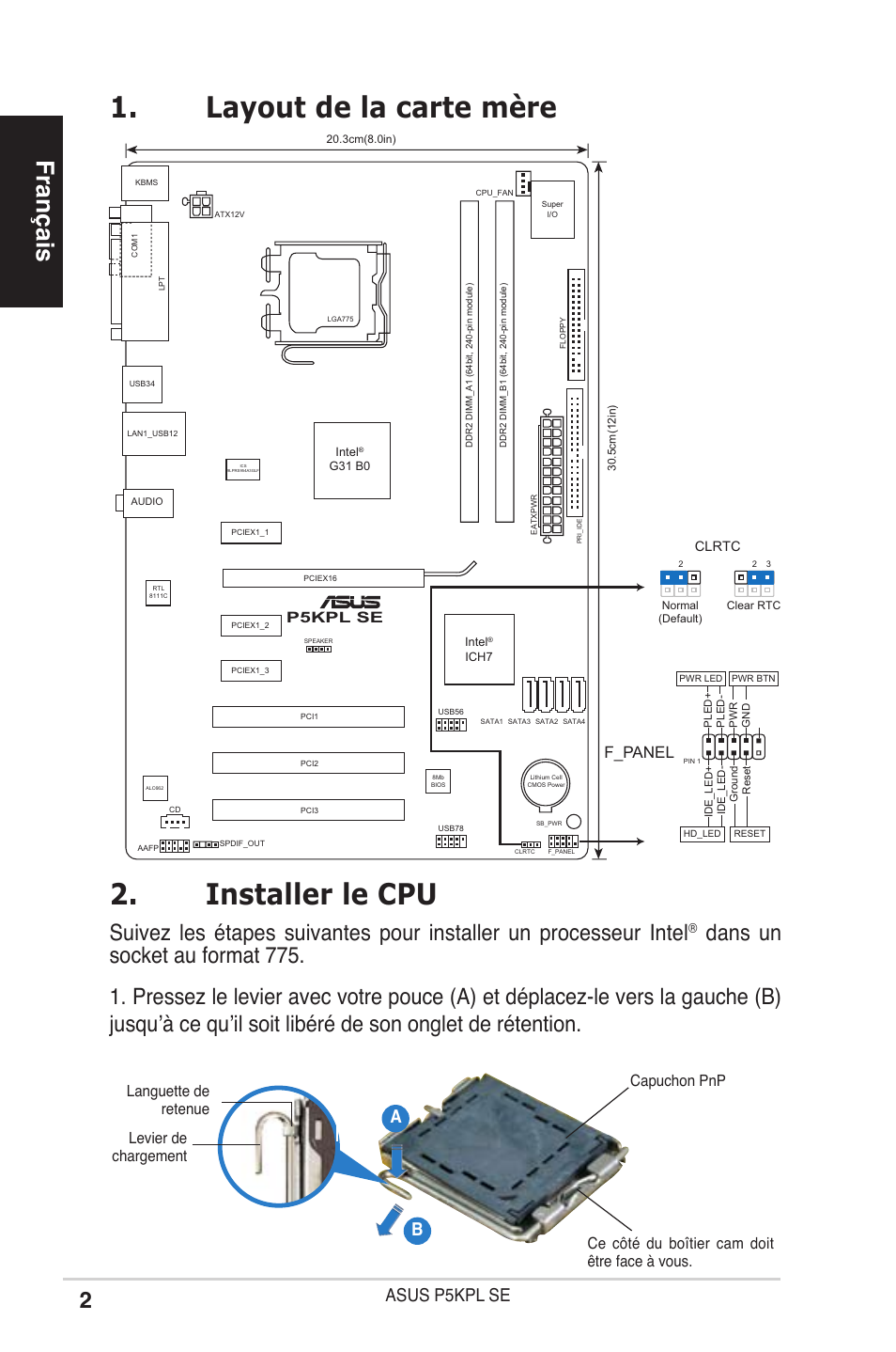 Installer le cpu, Layout de la carte mère, Français | Asus p5kpl se, F_panel | Asus P5KPL SE User Manual | Page 2 / 38