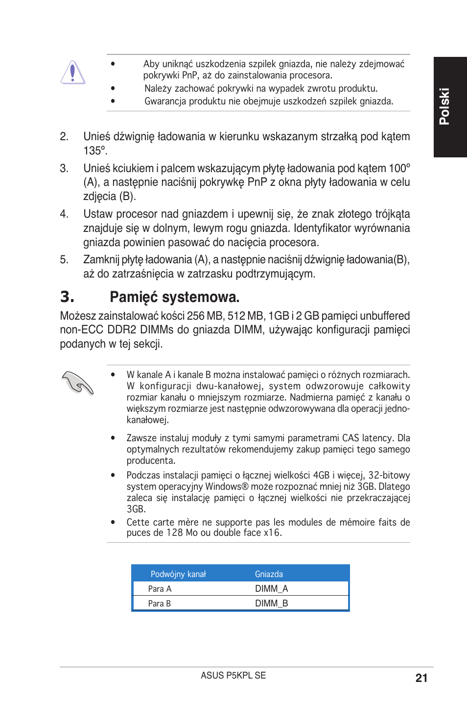 Pamięć systemowa, Polski | Asus P5KPL SE User Manual | Page 21 / 38