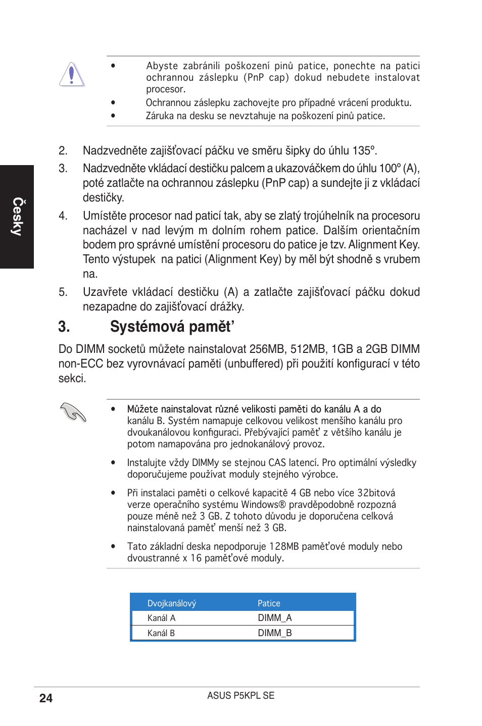 Systémová pamět, Česky | Asus P5KPL SE User Manual | Page 24 / 38