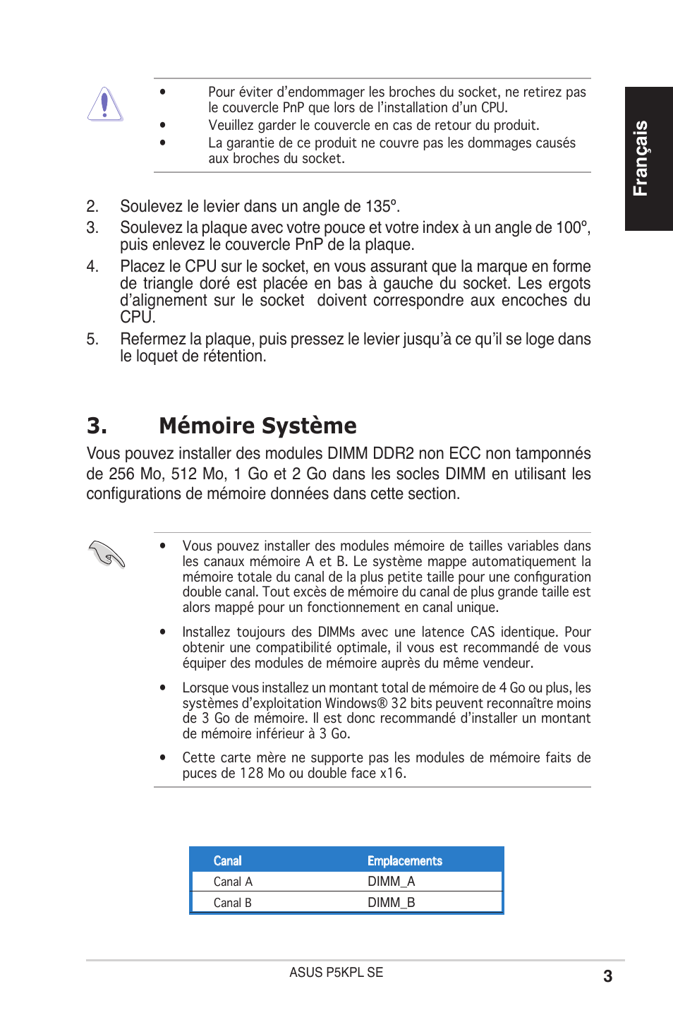 Mémoire système, Français | Asus P5KPL SE User Manual | Page 3 / 38