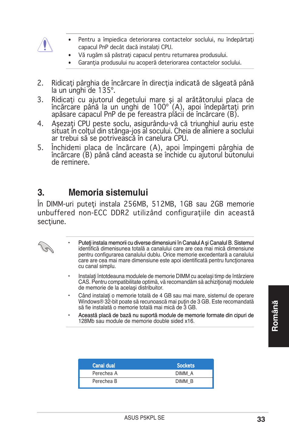 Română | Asus P5KPL SE User Manual | Page 33 / 38