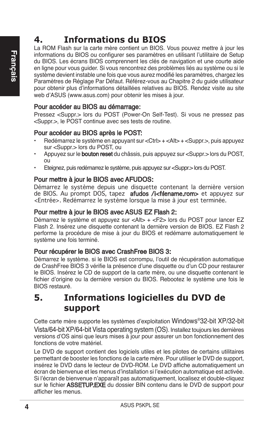 Informations du bios, Informations logicielles du dvd de support, Français | Asus P5KPL SE User Manual | Page 4 / 38