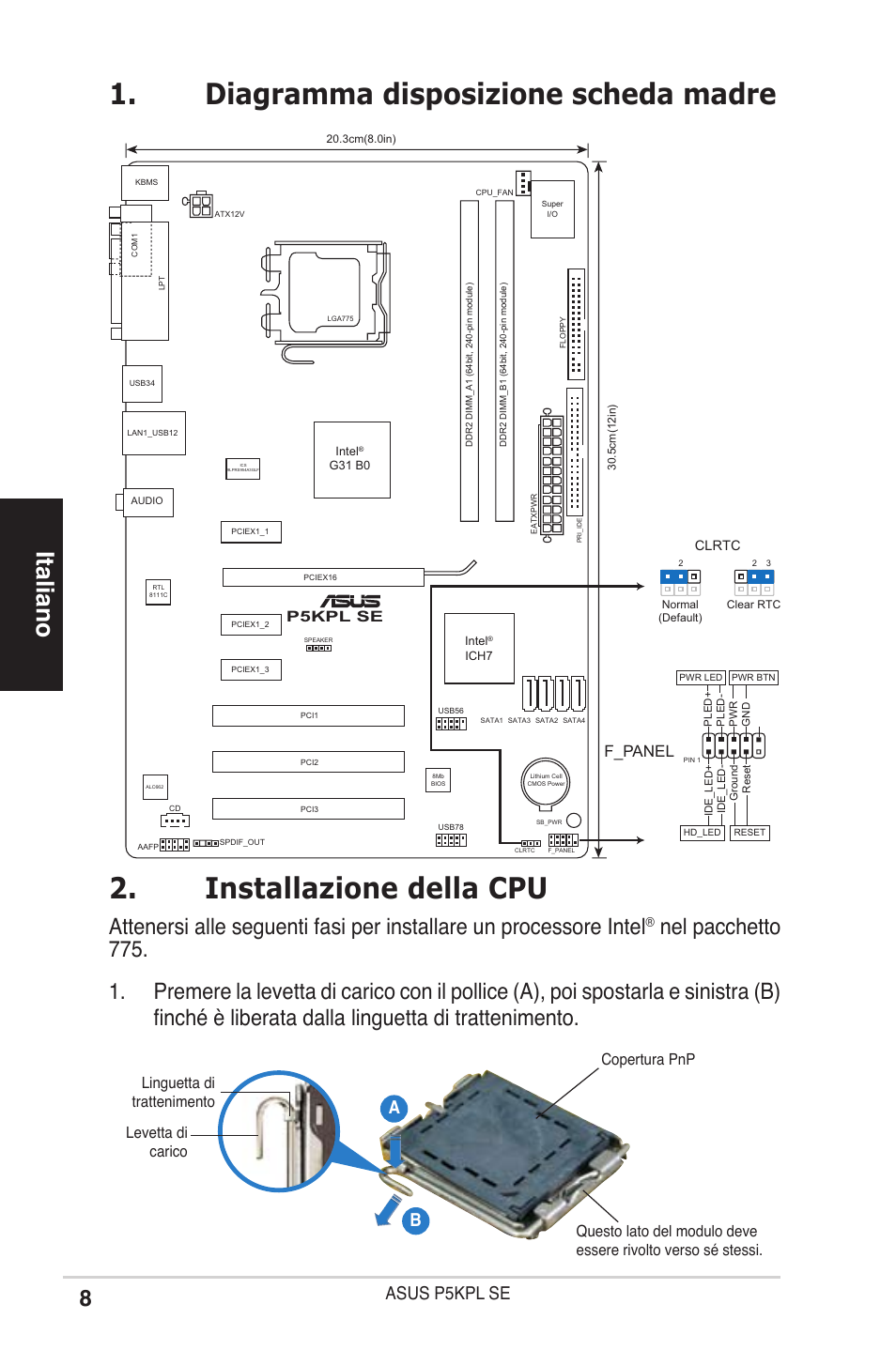 Installazione della cpu, Diagramma disposizione scheda madre, Italiano | Asus p5kpl se, F_panel | Asus P5KPL SE User Manual | Page 8 / 38