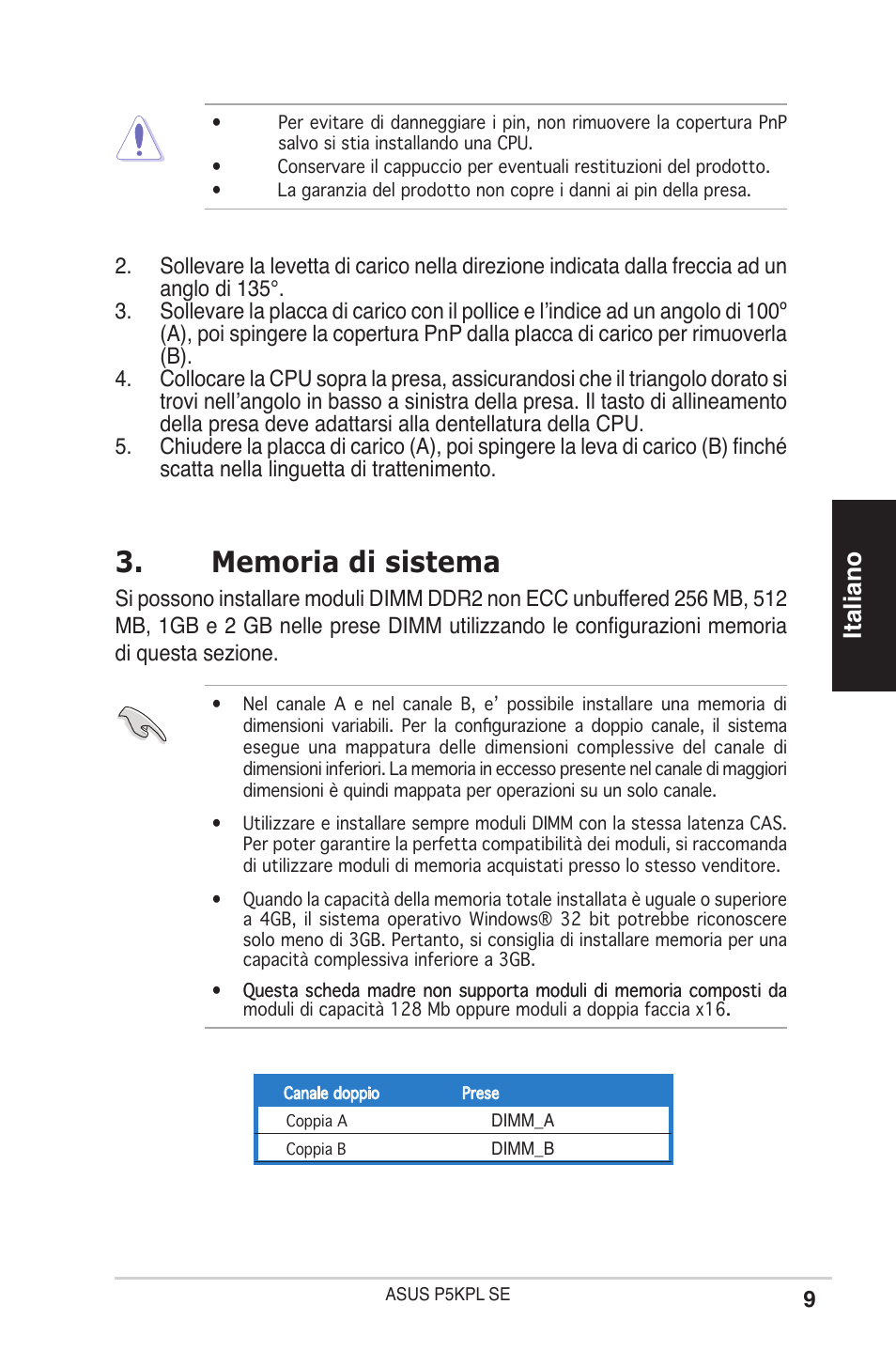 Italiano | Asus P5KPL SE User Manual | Page 9 / 38