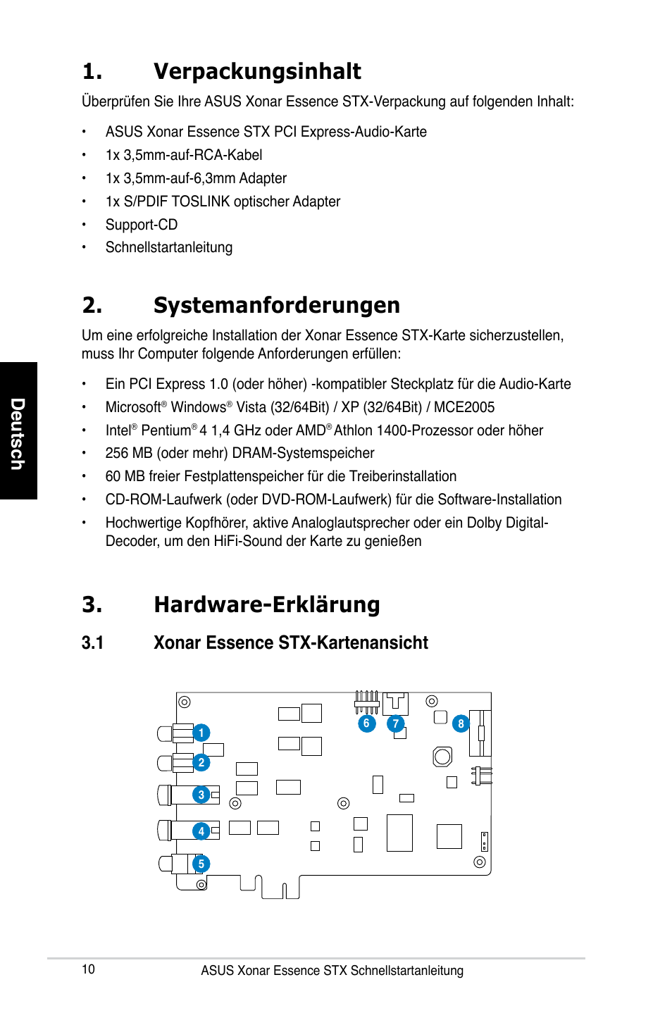 Verpackungsinhalt, Systemanforderungen, Hardware-erklärung | Deutsch, 1 xonar essence stx-kartenansicht | Asus Xonar Essence STX User Manual | Page 10 / 32