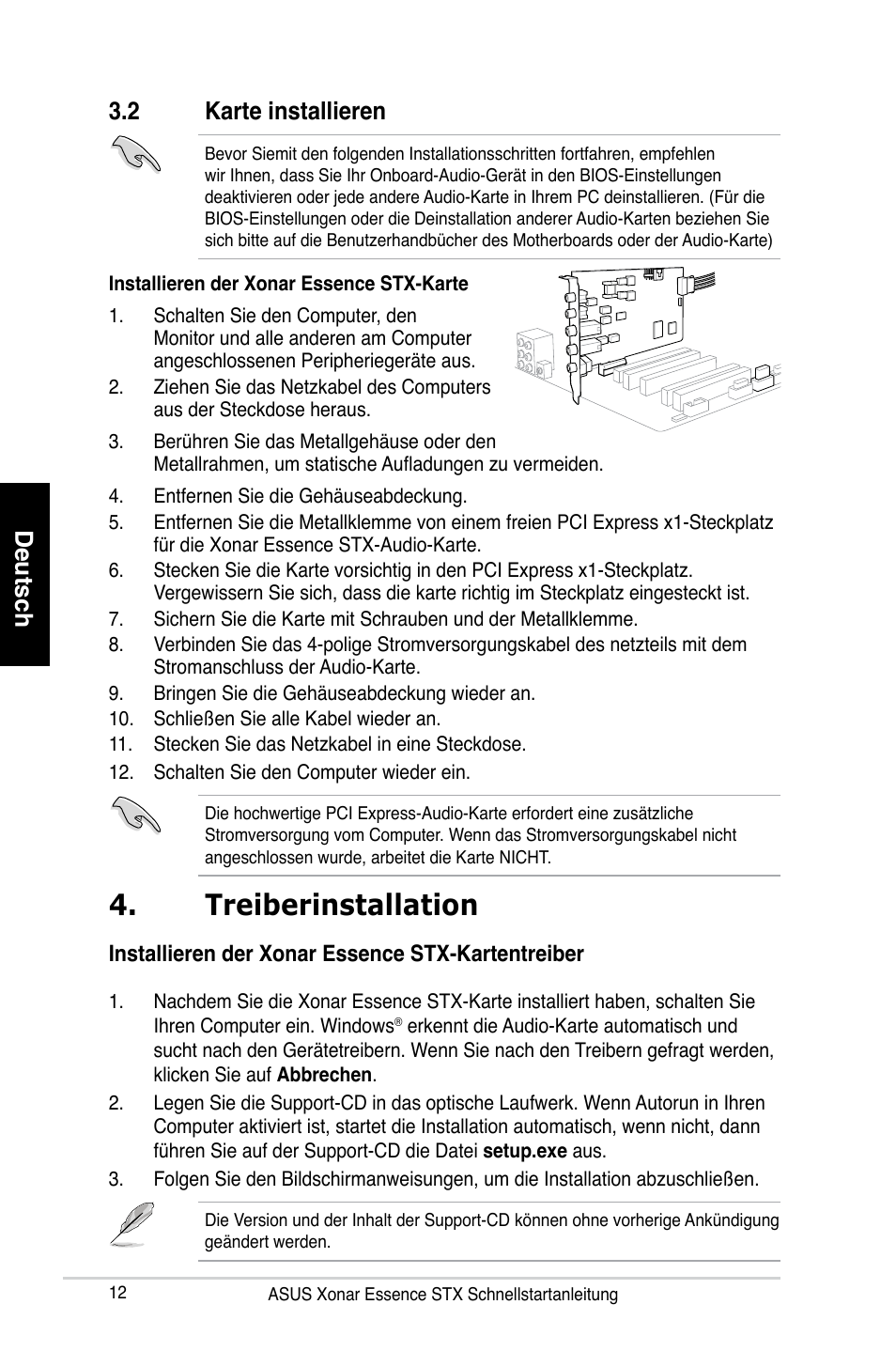 Treiberinstallation, Deutsch, 2 karte installieren | Asus Xonar Essence STX User Manual | Page 12 / 32