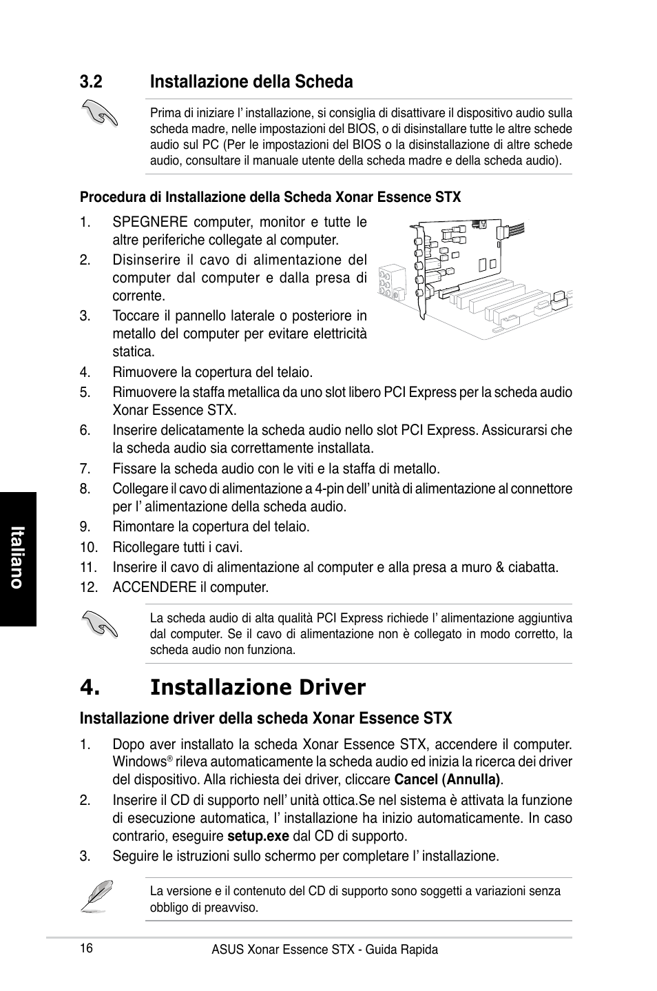 Installazione driver, Italiano, 2 installazione della scheda | Asus Xonar Essence STX User Manual | Page 16 / 32