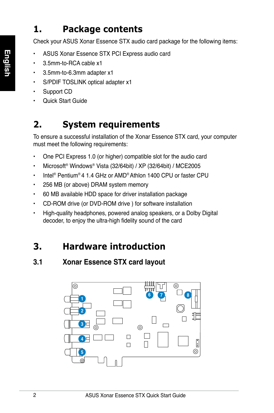 Package contents, System requirements, Hardware introduction | English, 1 xonar essence stx card layout | Asus Xonar Essence STX User Manual | Page 2 / 32