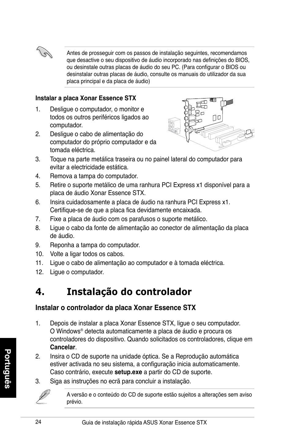 Instalação do controlador, Português | Asus Xonar Essence STX User Manual | Page 24 / 32