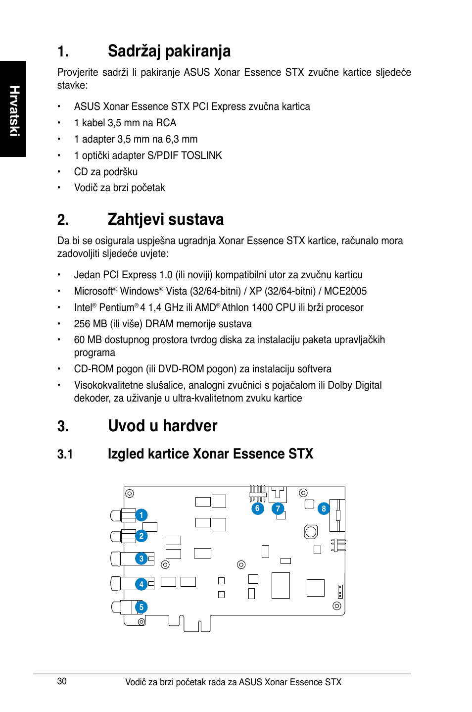 Sadržaj pakiranja, Zahtjevi sustava, Uvod u hardver | Izgled kartice xonar essence stx, Hrvatski | Asus Xonar Essence STX User Manual | Page 30 / 32