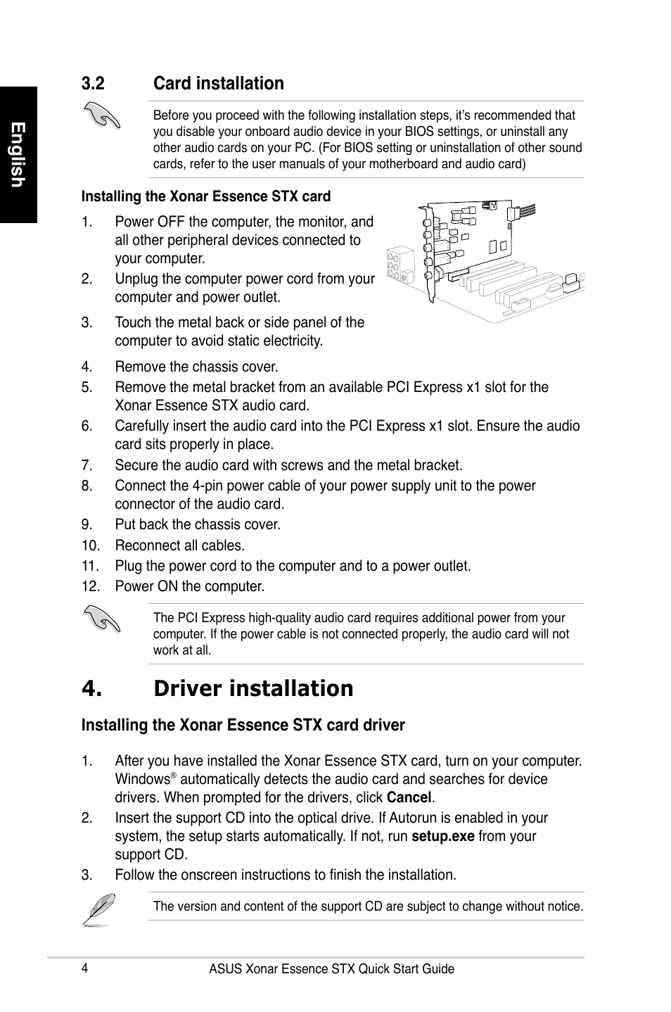 Driver installation, English 3.2 card installation | Asus Xonar Essence STX User Manual | Page 4 / 32