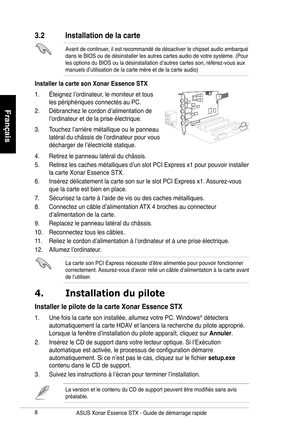 Installation du pilote, Français 3.2 installation de la carte | Asus Xonar Essence STX User Manual | Page 8 / 32