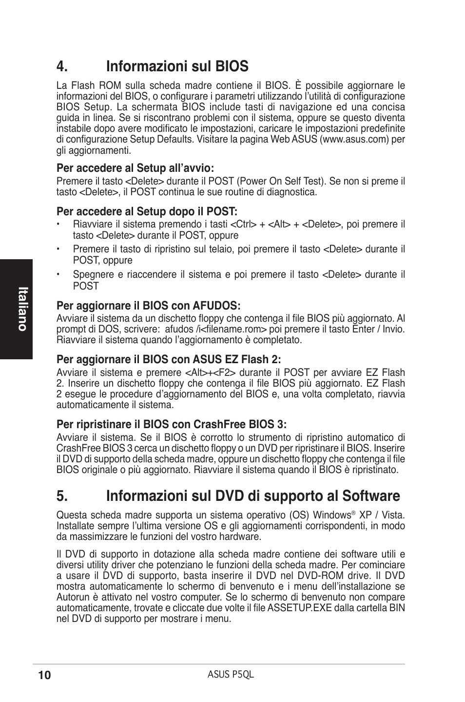 Informazioni sul bios, Informazioni sul dvd di supporto al software, Italiano | Asus P5QL User Manual | Page 10 / 38