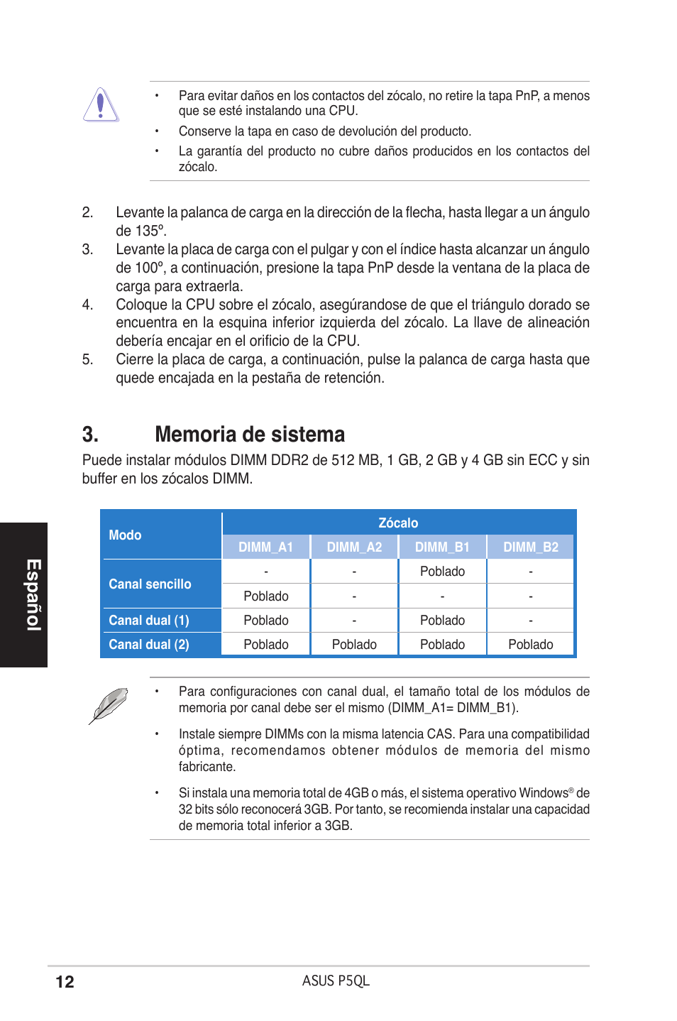 Español | Asus P5QL User Manual | Page 12 / 38