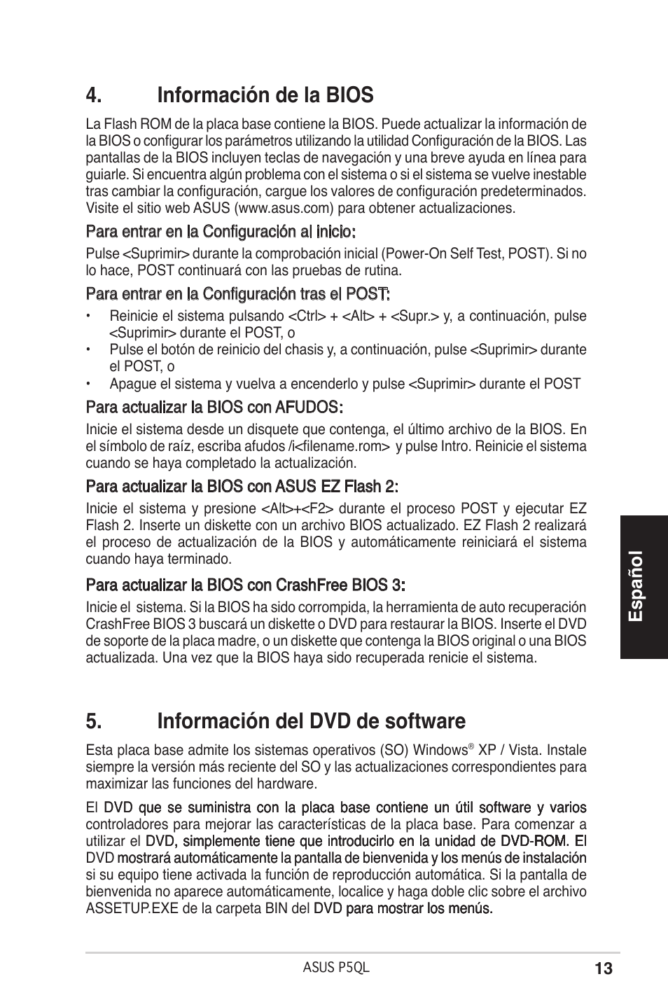 Información de la bios, Información del dvd de software, Español | Asus P5QL User Manual | Page 13 / 38