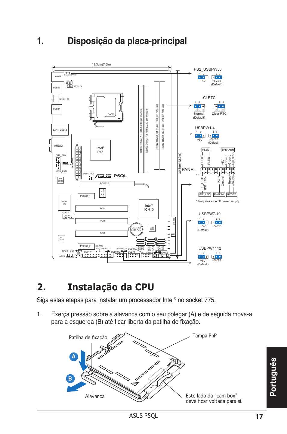 Disposição da placa-principal 2. instalação da cpu, Português, Asus p5ql | Panel, P5ql | Asus P5QL User Manual | Page 17 / 38