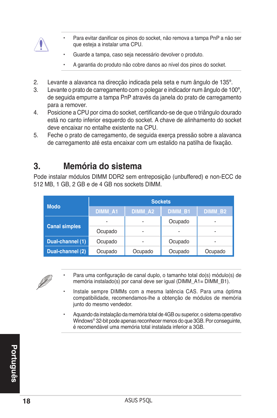 Memória do sistema, Português | Asus P5QL User Manual | Page 18 / 38