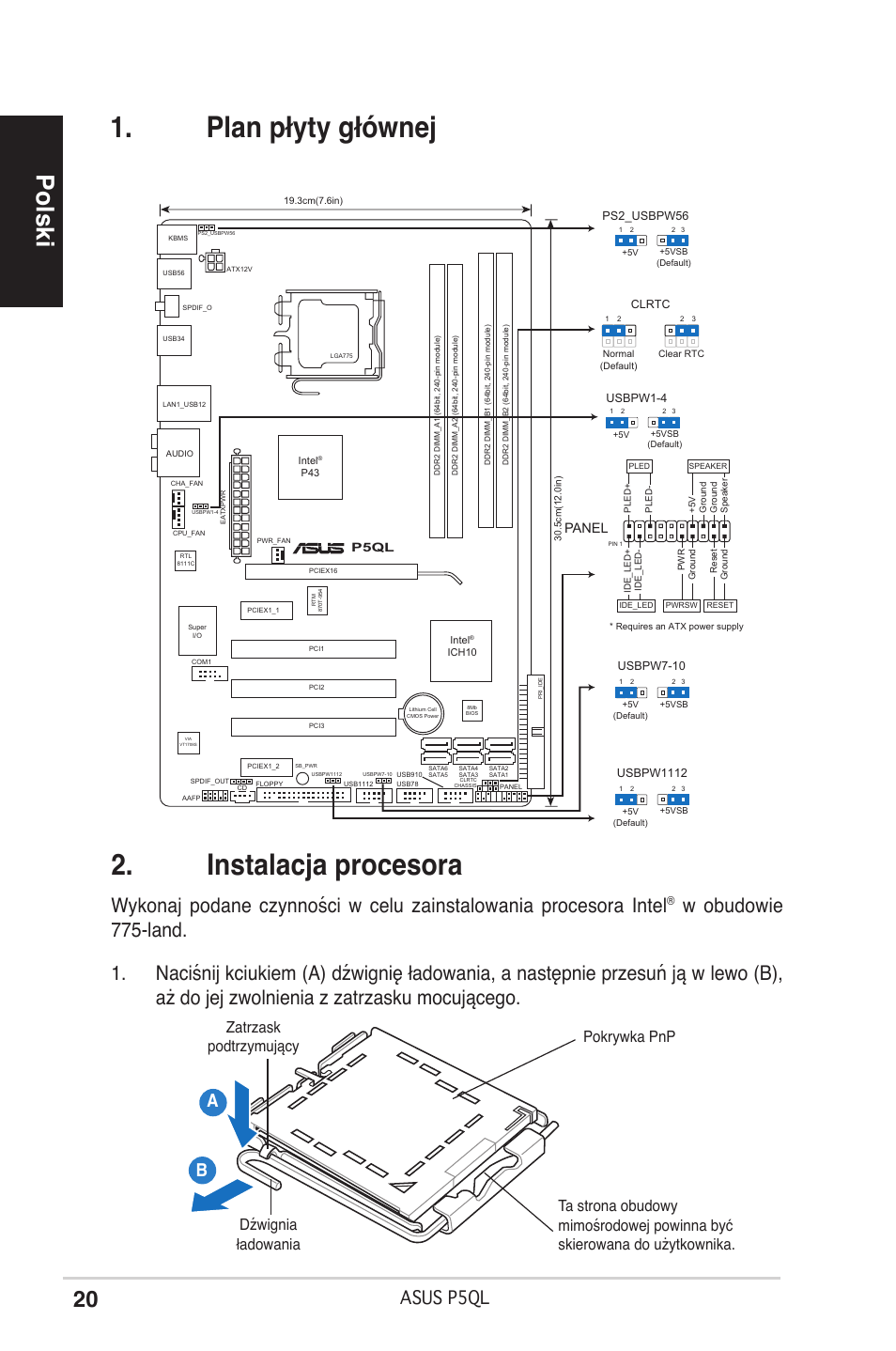 Plan płyty głównej 2. instalacja procesora, Polski, Asus p5ql | Panel | Asus P5QL User Manual | Page 20 / 38