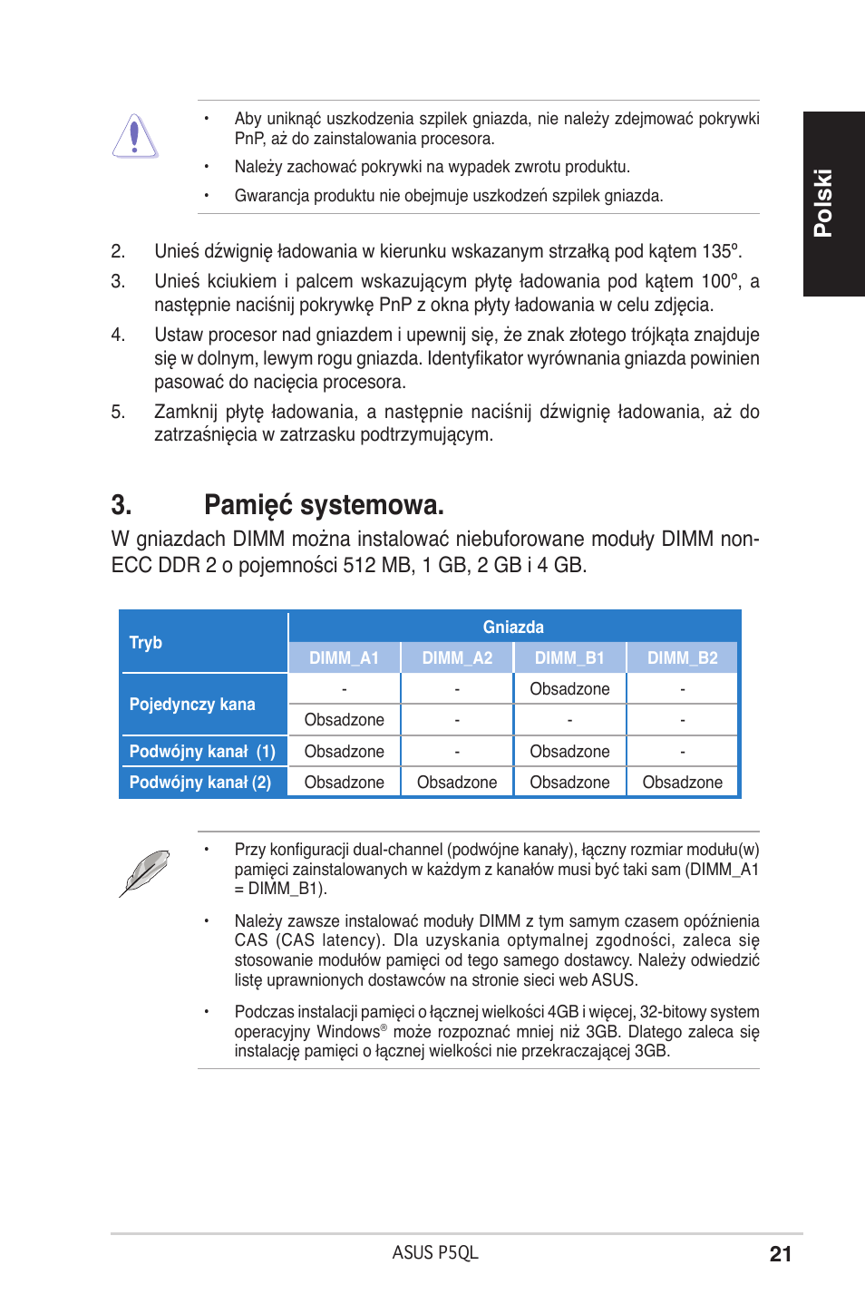 Pamięć systemowa, Polski | Asus P5QL User Manual | Page 21 / 38