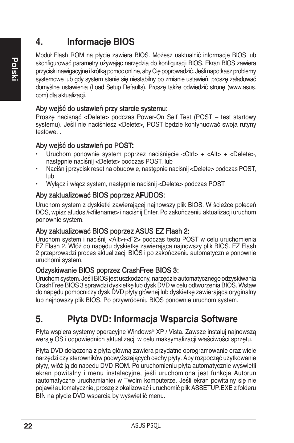 Informacje bios, Płyta dvd: informacja wsparcia software, Polski | Asus P5QL User Manual | Page 22 / 38