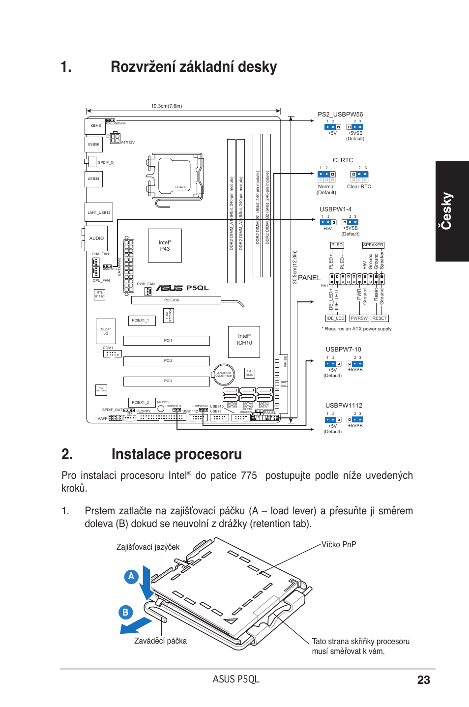 Rozvržení základní desky . instalace procesoru, Česky, Pro instalaci procesoru intel | Asus p5ql, Panel | Asus P5QL User Manual | Page 23 / 38