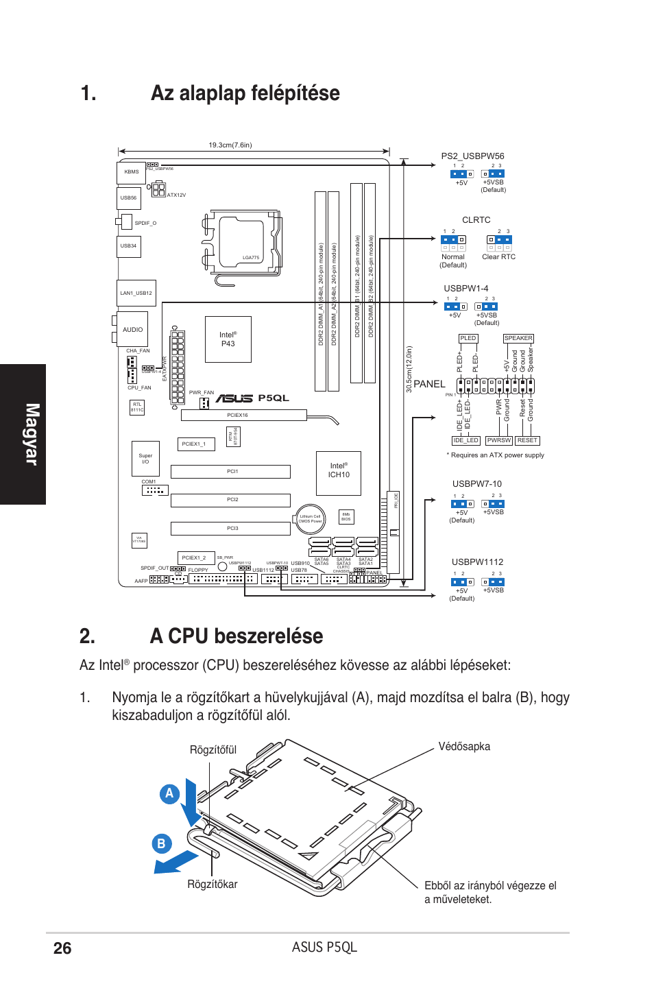 Az alaplap felépítése . a cpu beszerelése, Magyar, Az intel | Asus p5ql, Panel, P5ql | Asus P5QL User Manual | Page 26 / 38