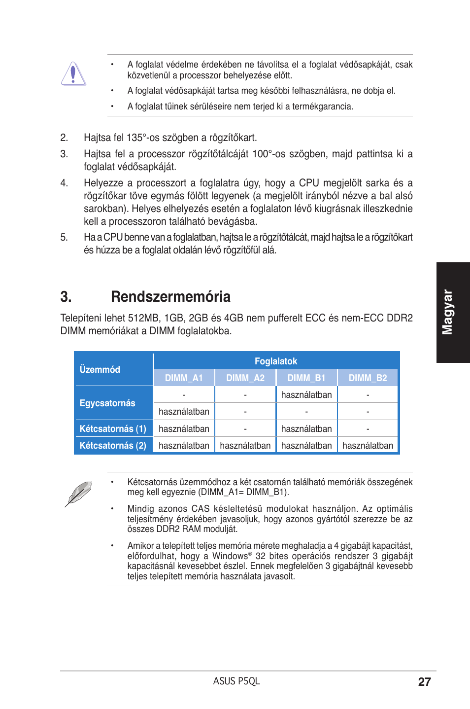 Rendszermemória, Magyar | Asus P5QL User Manual | Page 27 / 38